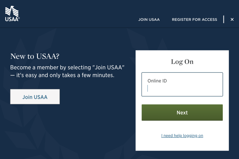 The USAA website explains how to join USAA by clicking the "Join USAA" button. It is easy and only takes a few minutes. A field is displayed to log on using an existing Online ID.