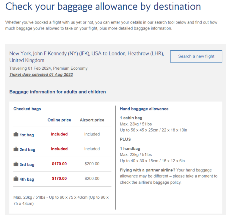 euro traveller ba baggage allowance