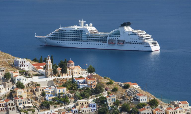 Cruise ship in the bay, Gialos, Symi, Greece