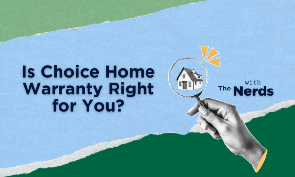 Choice Home Warranty review illustration featuring a magnifying glass over a house with NerdWallet branding.