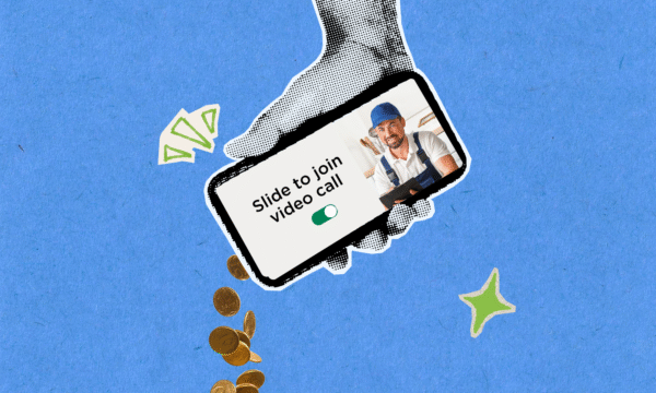 An artistic collage featuring a hand holding a smartphone with a screen displaying a toggle button that says 'Slide to join video call' next to an image of a home service technician. Gold coins pour out from underneath the phone against a solid blue background.