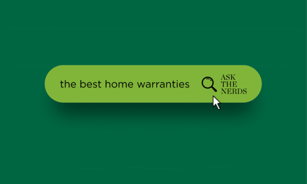 A stylized green search bar on a dark green background containing the text "the best home warranties" with a magnifying glass icon and the "ASK THE NERDS" logo, with a pixelated mouse cursor hovering over it.