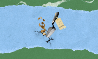 A digital collage showing a trowel and falling gold coins entering a crack in a blue surface, representing the high cost of foundation repairs and whether home warranties cover them.