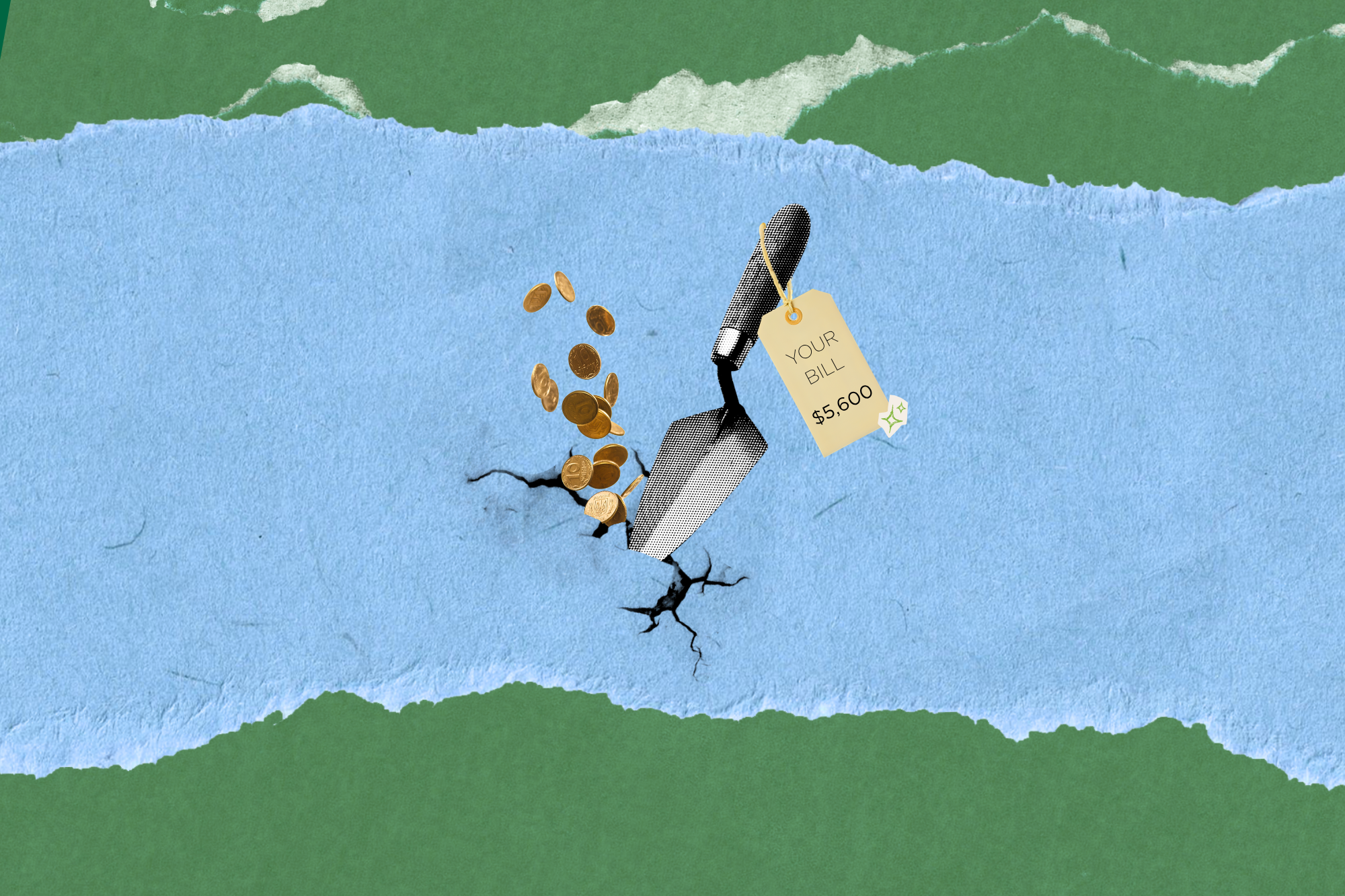 A digital collage showing a trowel and falling gold coins entering a crack in a blue surface, representing the high cost of foundation repairs and whether home warranties cover them.