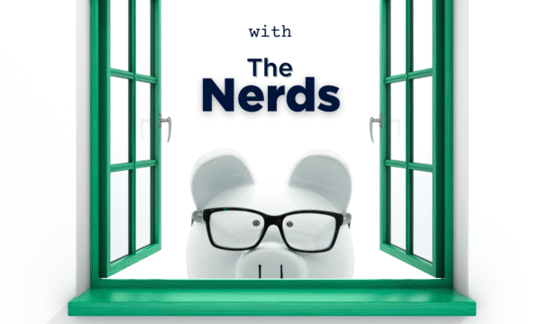 A white piggy bank wearing black-rimmed glasses peeks through an open window with bright green frames. Above the piggy bank, the text reads "with The Nerds" against a clean white background.