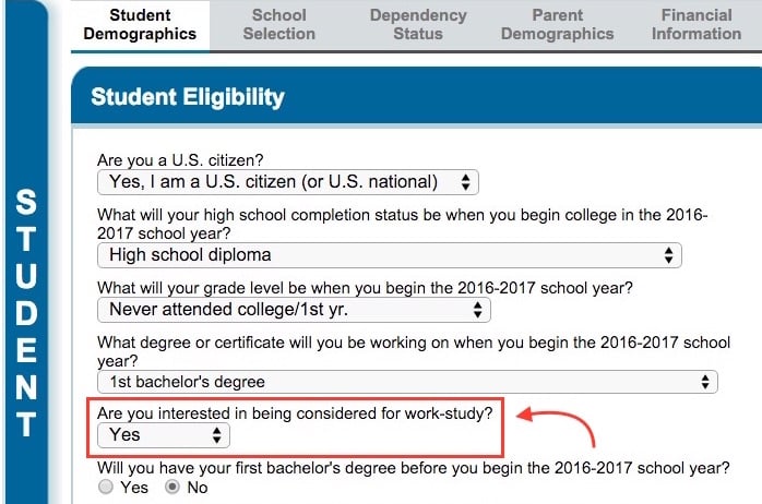 FAFSA work-study copy