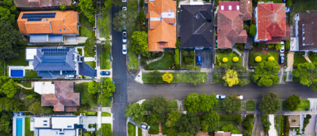 Overhead view of real estate in a suburban setting.