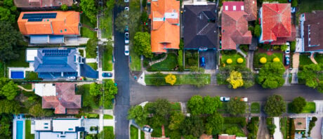 Overhead view of real estate in a suburban setting.