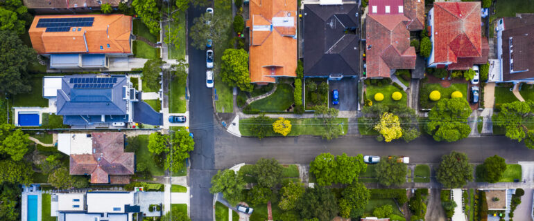 Overhead view of real estate in a suburban setting.