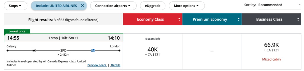 A one-stop flight in economy on United Airlines, a partner airline, cost 40,000 Aeroplan points (at the time of writing).