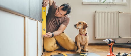 Man and his dog making home upgrades finances with a tax refund.