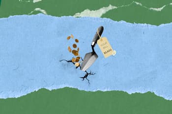 A digital collage showing a trowel and falling gold coins entering a crack in a blue surface, representing the high cost of foundation repairs and whether home warranties cover them.