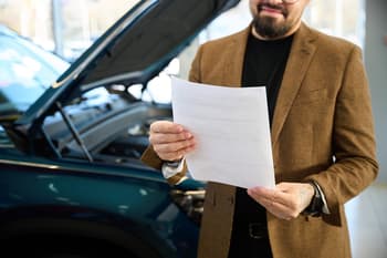 Person holding printed car history report
