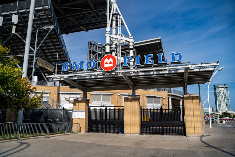 View of BMO Field stadium entrance with metal structure and signage. Toronto, Canada - September 21, 2025.