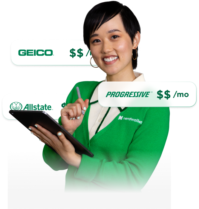 A NerdWallet Insurance Expert holding a tablet, next to sample monthly quotes from GEICO, Progressive and Allstate