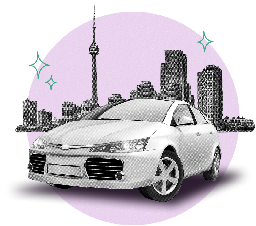 Car parked in front of a city skyline