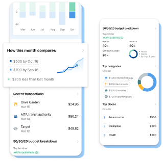 a mockup showing a Net Worth and graphic comparing the current month to the previous month