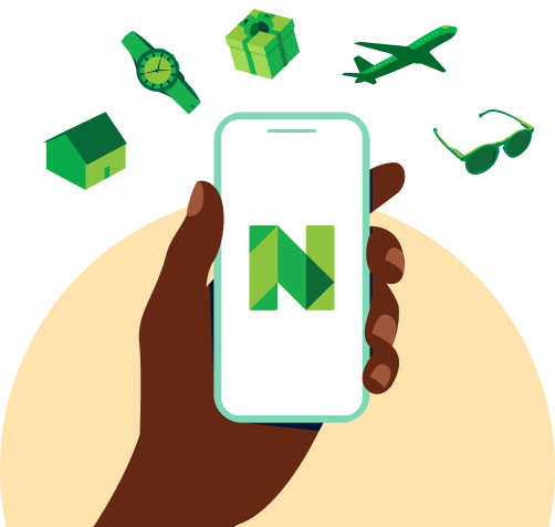 illustration of a hand holding a phone displaying the NerdWallet logo with a house, watch, wrapped box, airplane, and sunglasses surrounding the phone