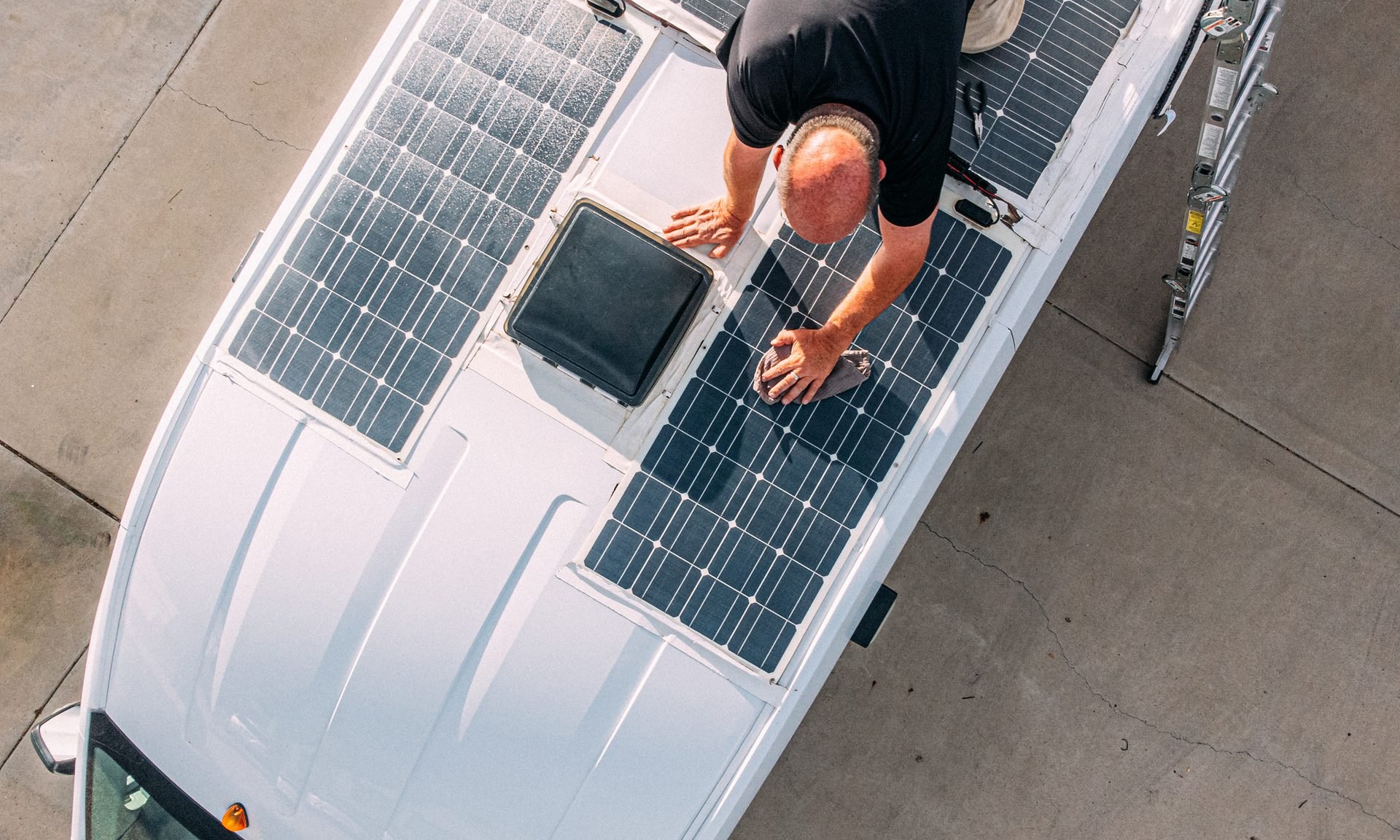 Solar panels on top of van.
