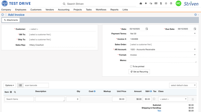 Striven's invoicing page.