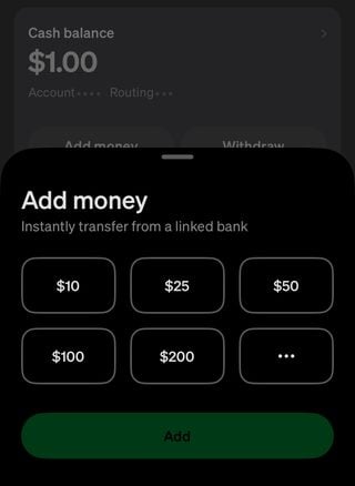 Loading money on Cash App looks like this. Tap the Money tab in the app’s home screen, tap “Add Cash” and input how much cash you’d like to add from your linked account.