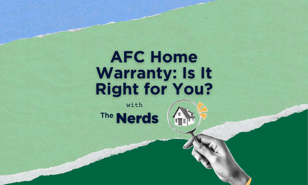 A hand holding a magnifying glass over a house with text "AFC Home Warranty with the Nerds"