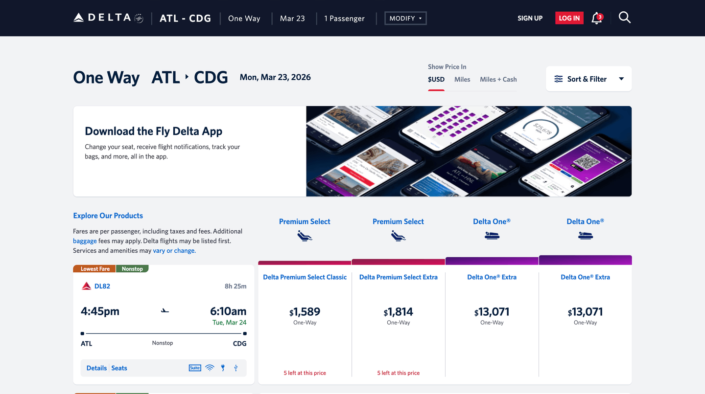 Delta Premium Select flight options