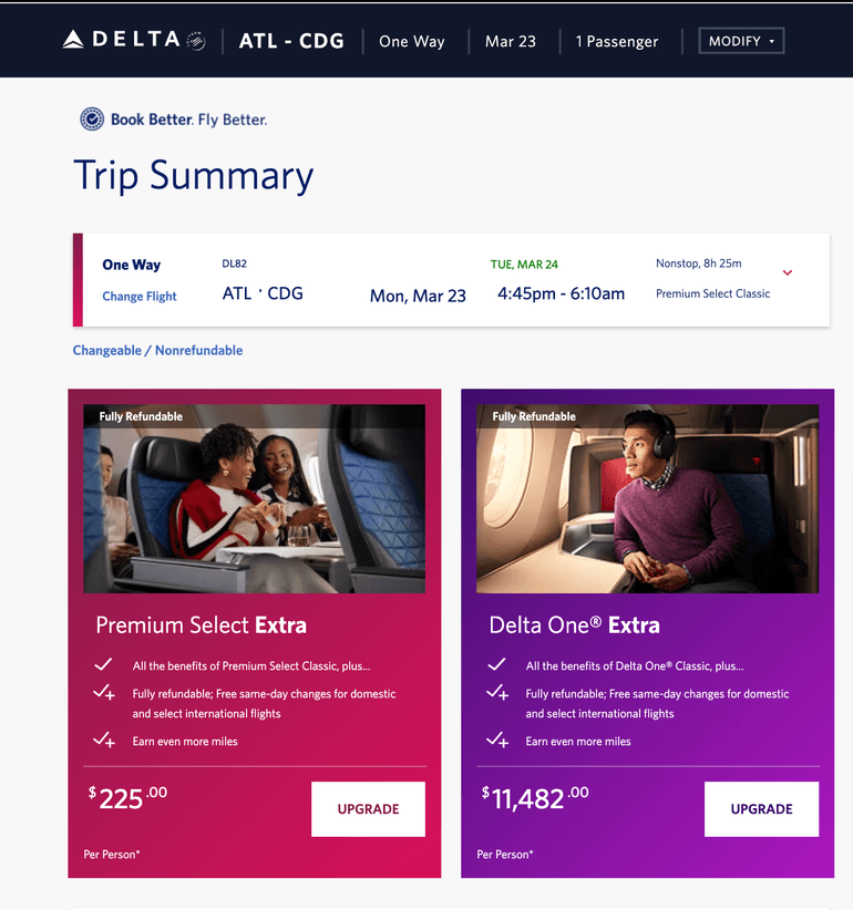 Delta Premium Select flight summary and upgrade offers