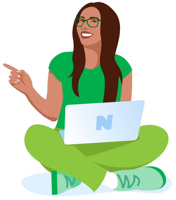 An illustration of a woman in green clothes smiles and points toward the text. A laptop is in her lap.