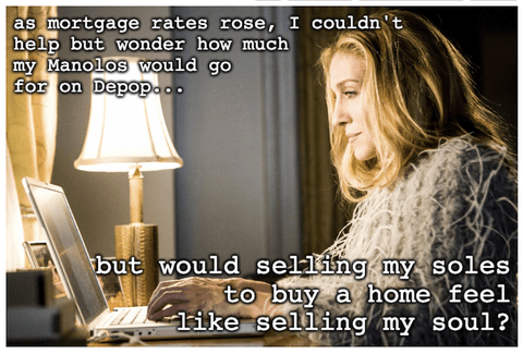 Meme image of Carrie Bradshaw typing at a computer.