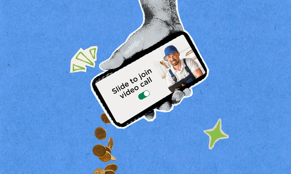 An artistic collage featuring a hand holding a smartphone with a screen displaying a toggle button that says 'Slide to join video call' next to an image of a home service technician. Gold coins pour out from underneath the phone against a solid blue background.