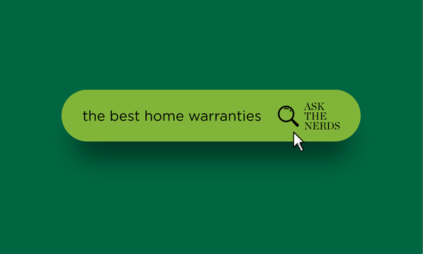 A stylized green search bar on a dark green background containing the text "the best home warranties" with a magnifying glass icon and the "ASK THE NERDS" logo, with a pixelated mouse cursor hovering over it.