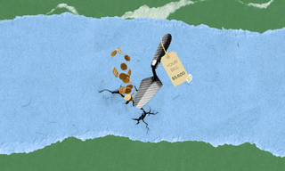 A digital collage showing a trowel and falling gold coins entering a crack in a blue surface, representing the high cost of foundation repairs and whether home warranties cover them.