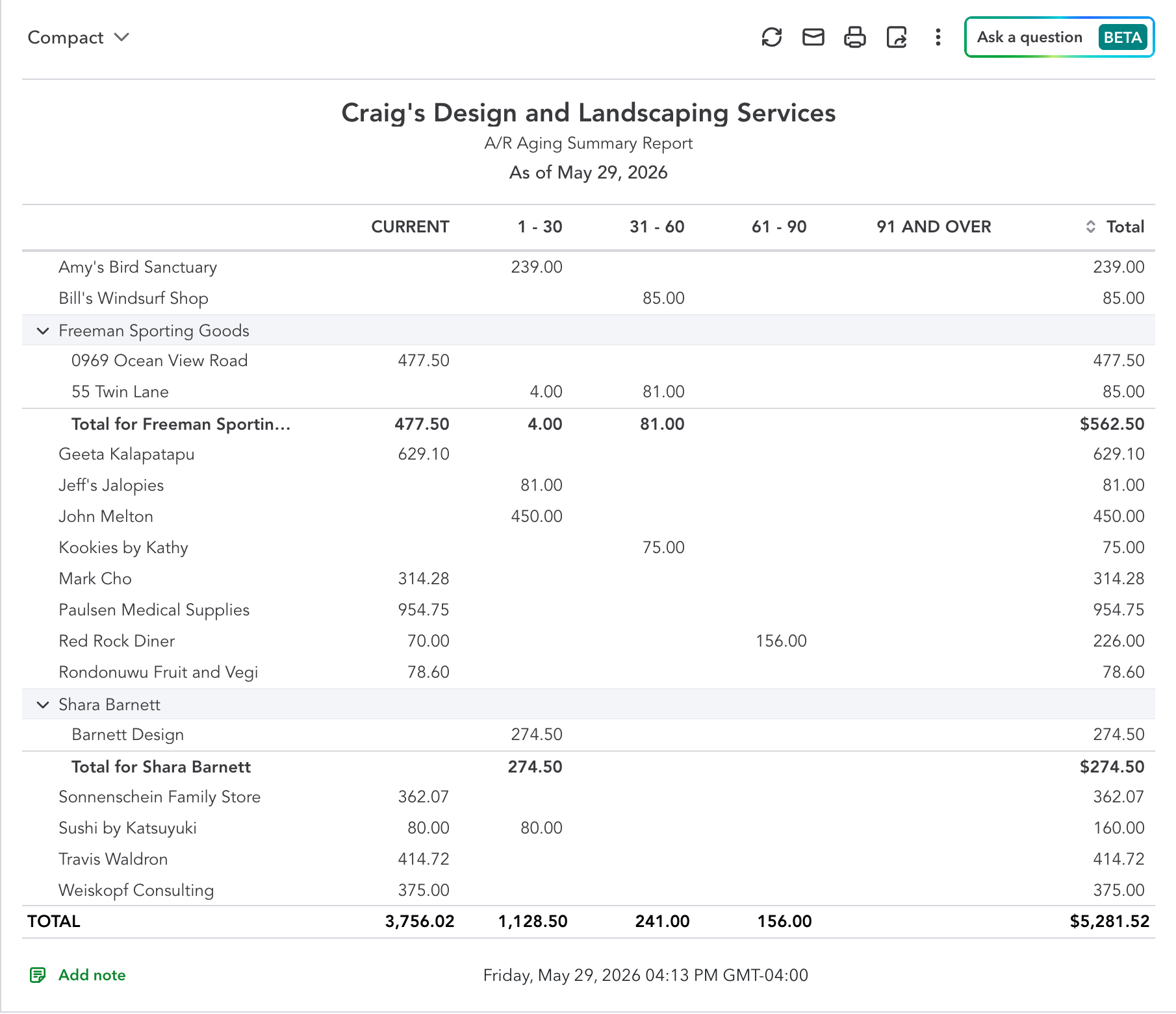 Accounts receivable aging report from QuickBooks Online