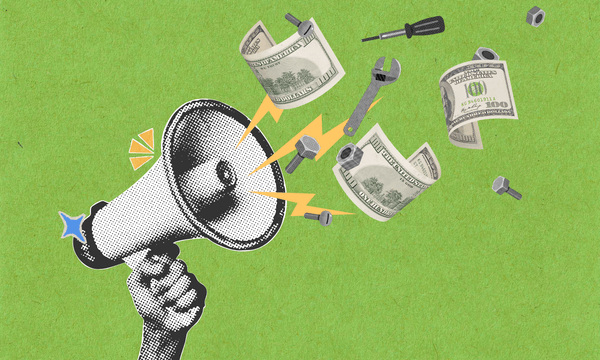 Artistic collage featuring a stylized hand holding a halftone-textured megaphone. Out of the megaphone blast yellow lightning bolts, floating hundred-dollar bills, a wrench, a screwdriver, and various nuts and bolts against a textured green background.