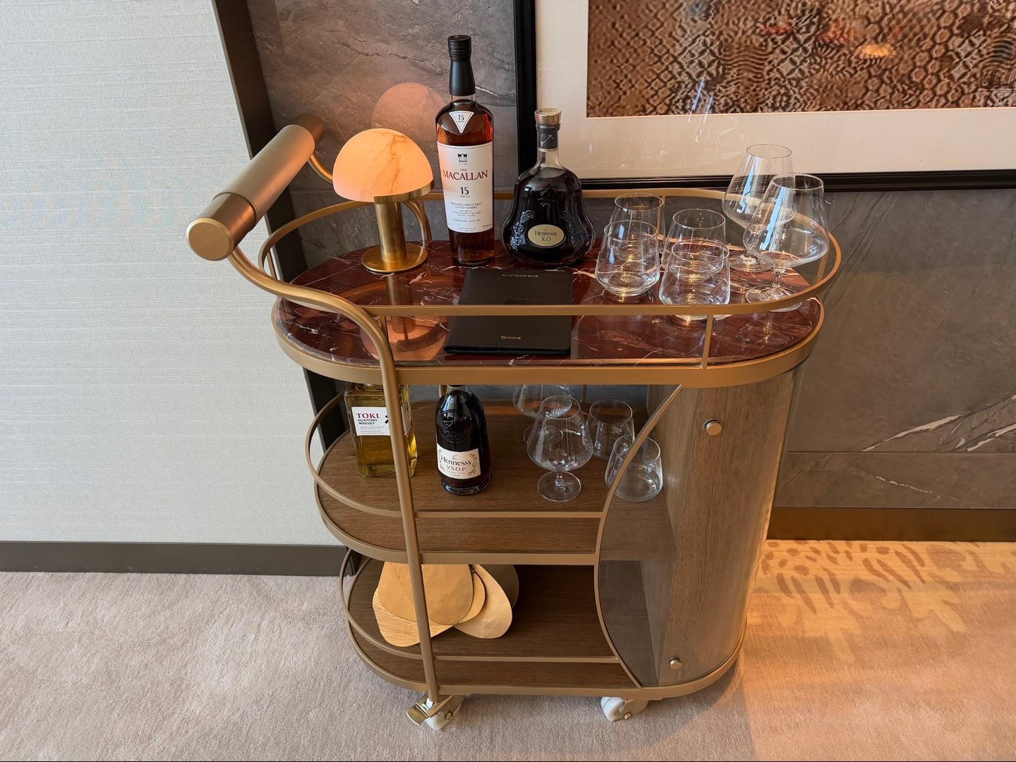 Inside of Air India’s New Top class Living room in San Francisco Wood, Bottle, Cosmetics