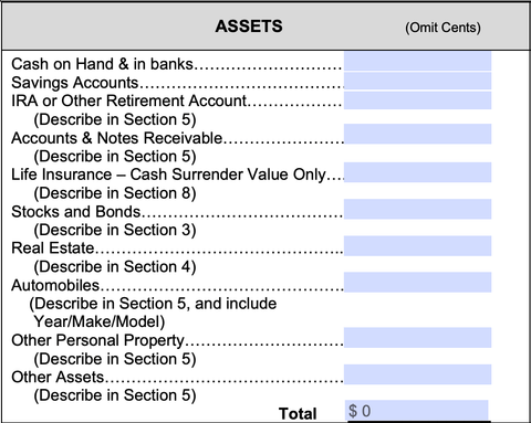 sba form 413, list of assets