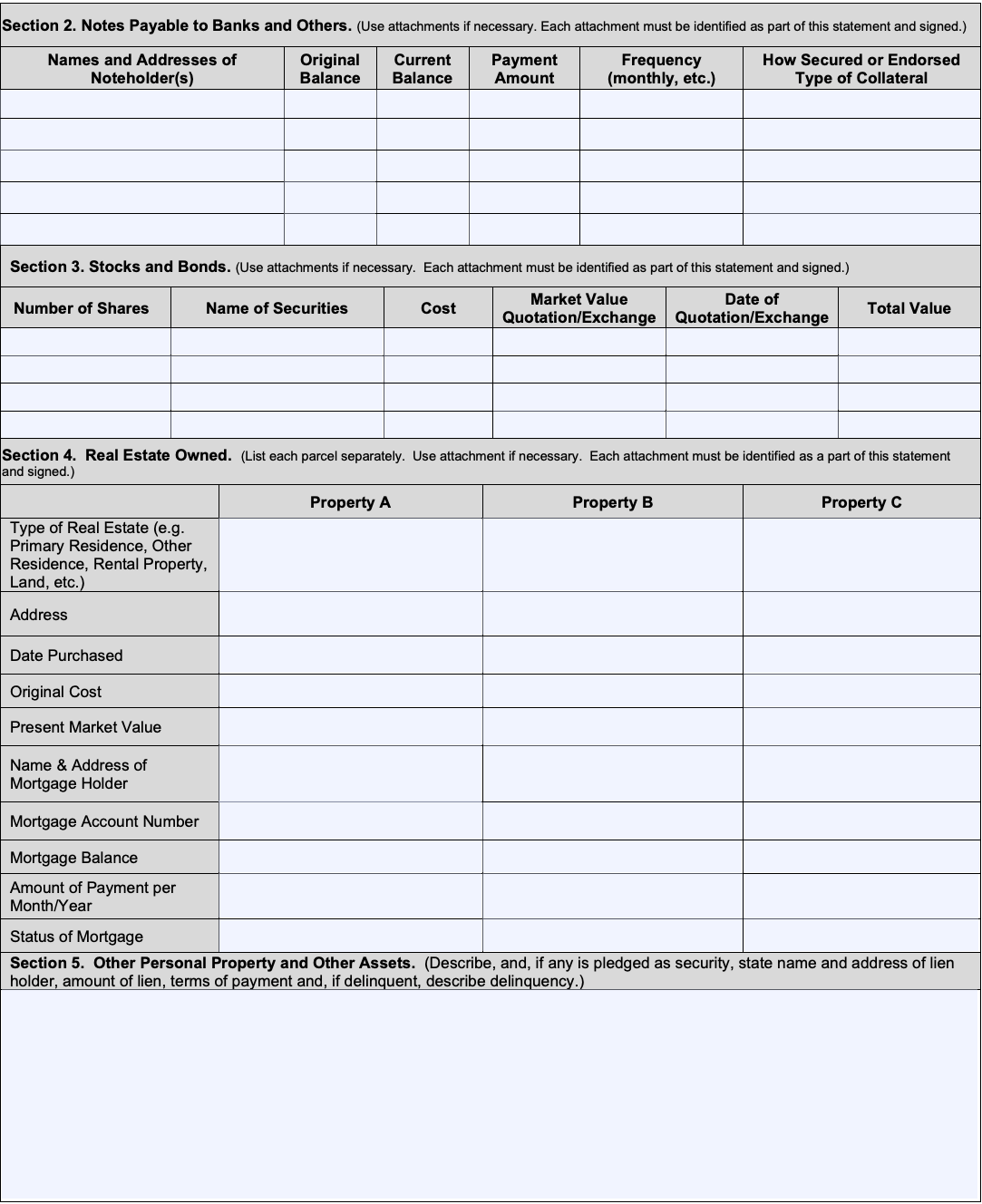 sba form 413, sections 2 through 4