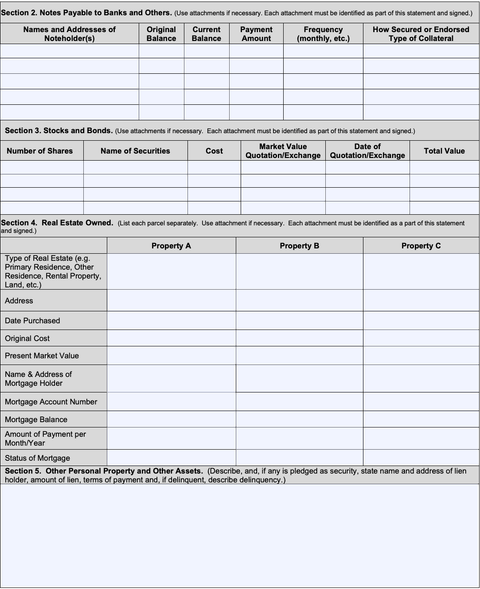sba form 413, sections 2 through 4