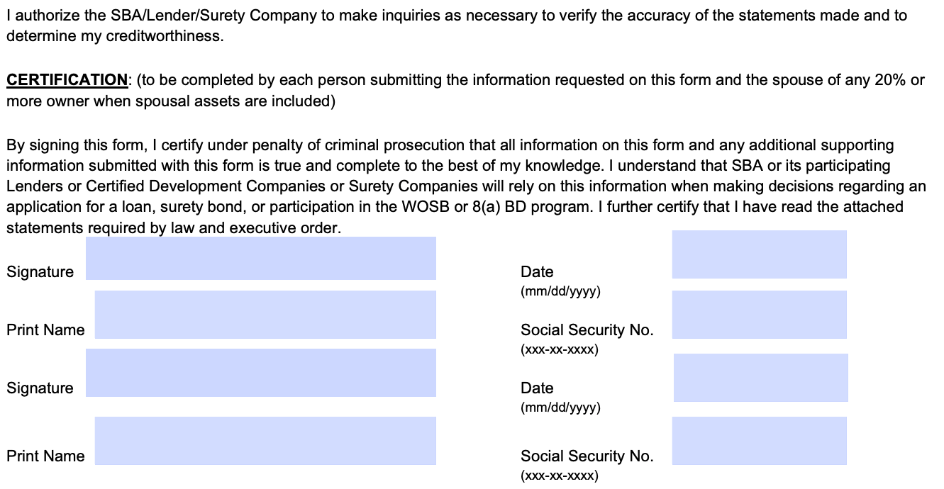 sba form 413, signature and date fields