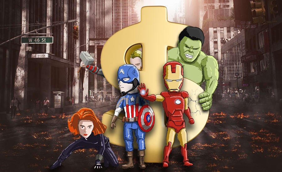 The Avengers standing around a dollar sign.